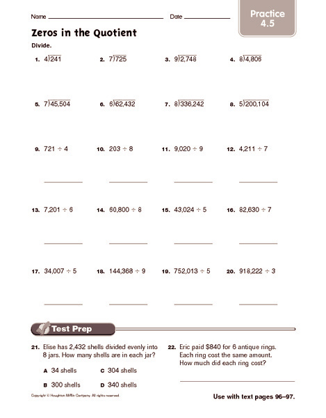 Long Division With Zero In The Quotient Worksheet Long Division 