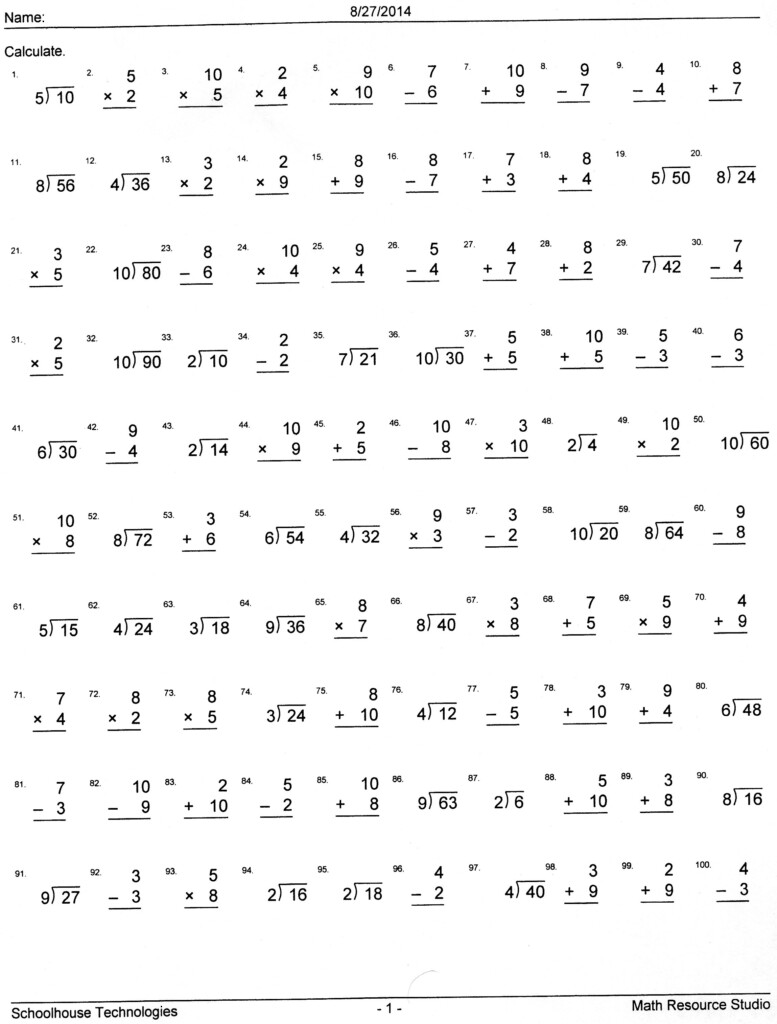 Mixed Division Multiplication Facts Practice