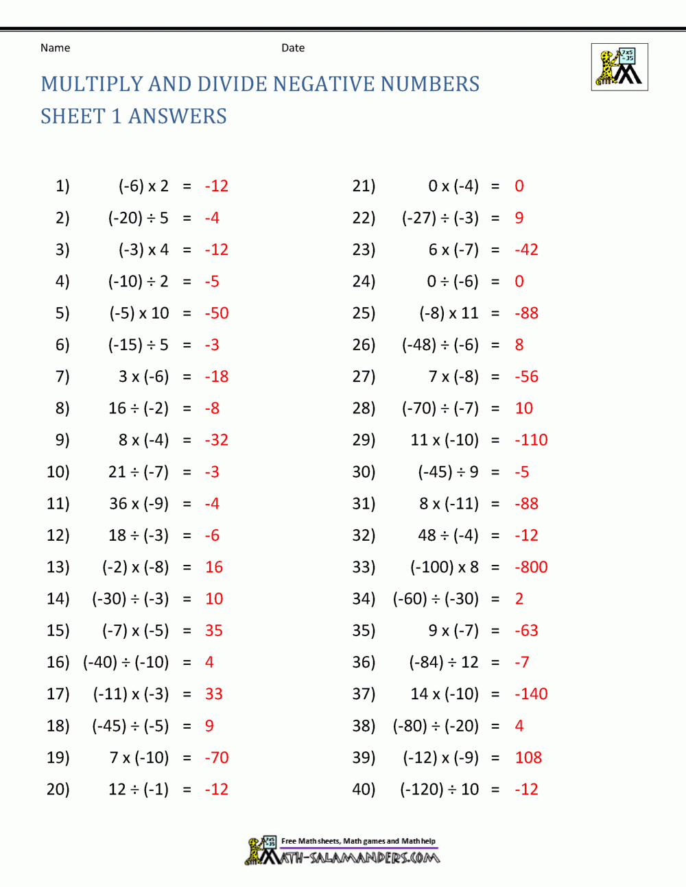 Multiplication And Division Of Positive And Negative Numbers Worksheet 