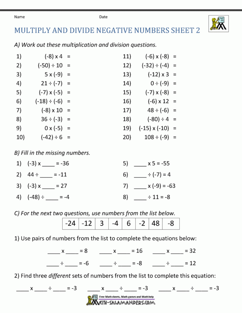 Multiplication And Division Of Positive And Negative Numbers Worksheet 