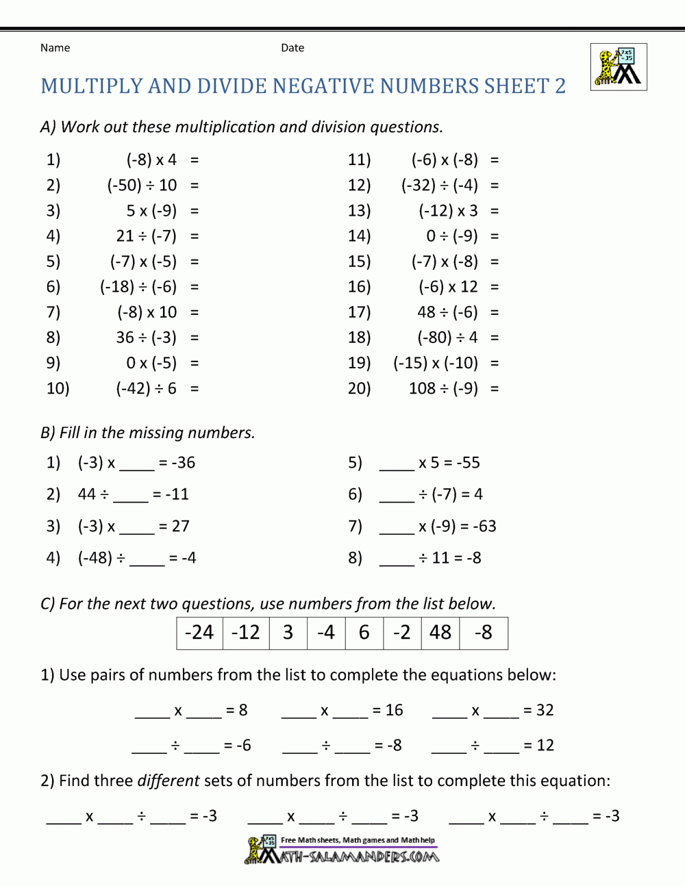 Multiplication And Division Of Positive And Negative Numbers Worksheet