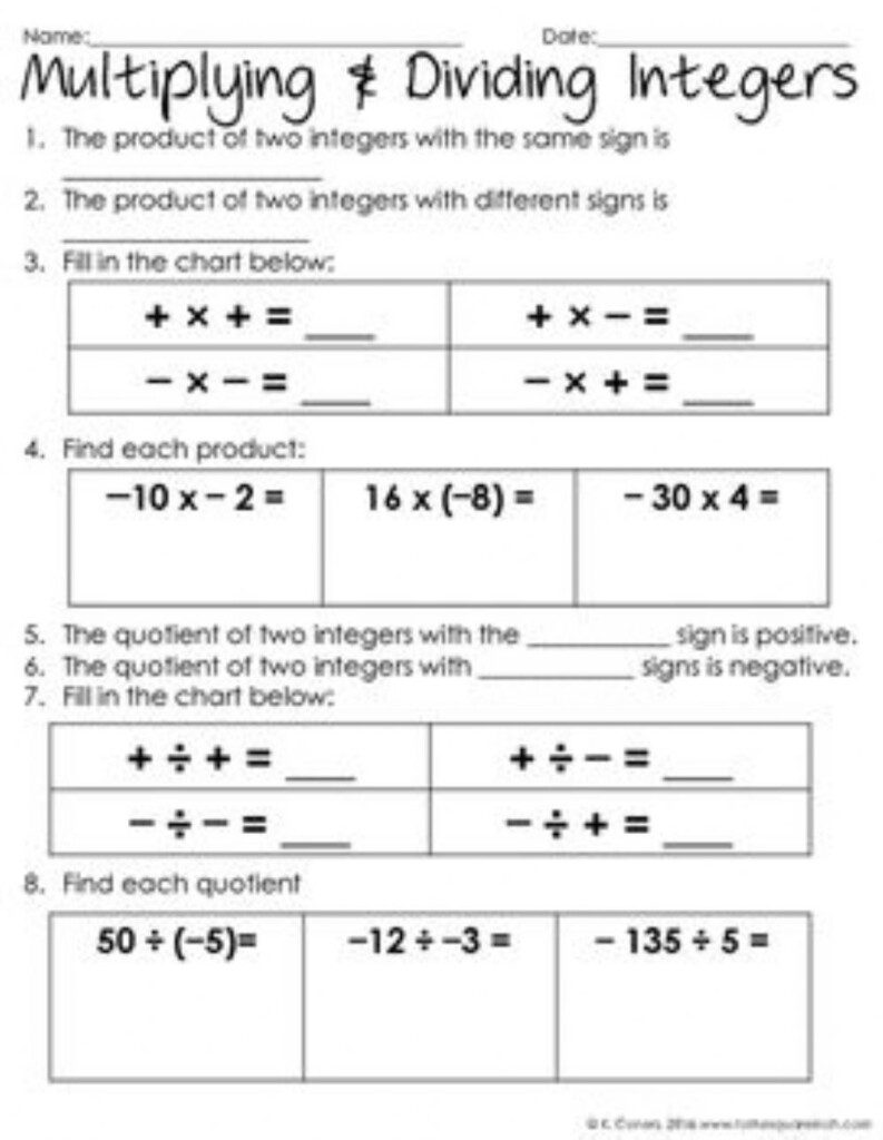 Multiplying And Dividing Integers Worksheet