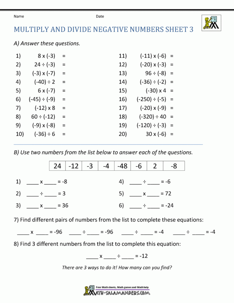 Multiplying And Dividing Integers Worksheet Word Worksheet