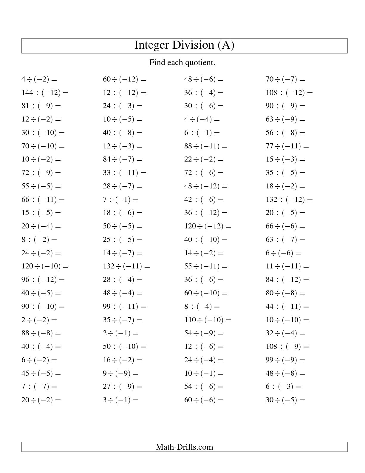 Multiplying Integers Worksheet 7th Grade