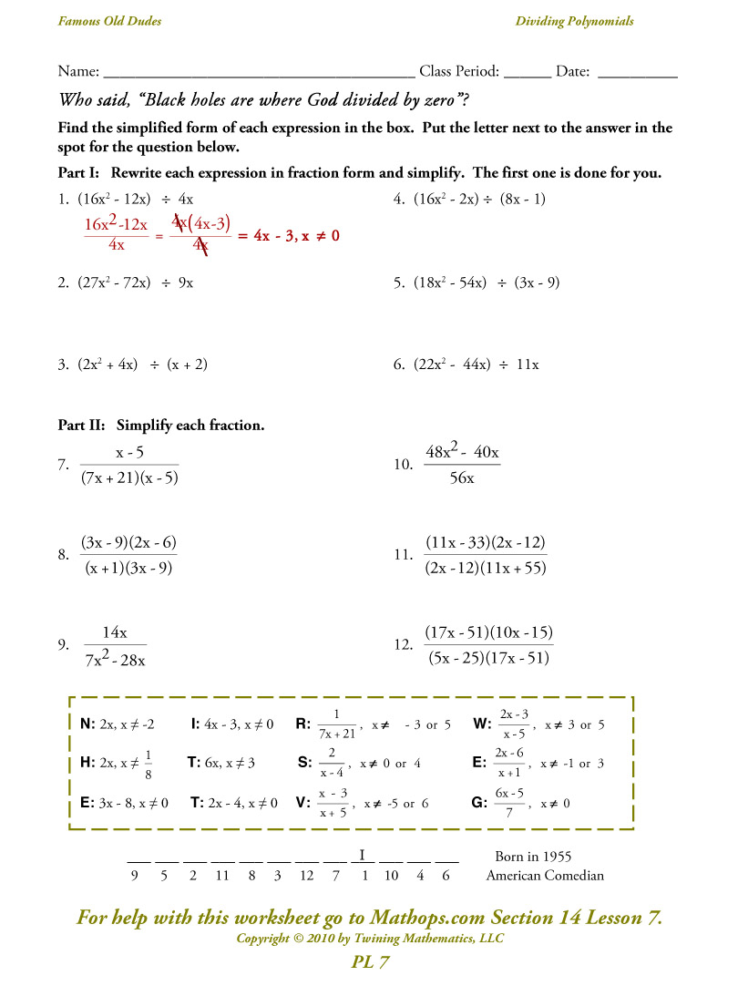 Pl 7 Dividing Polynomials Worksheets Samples