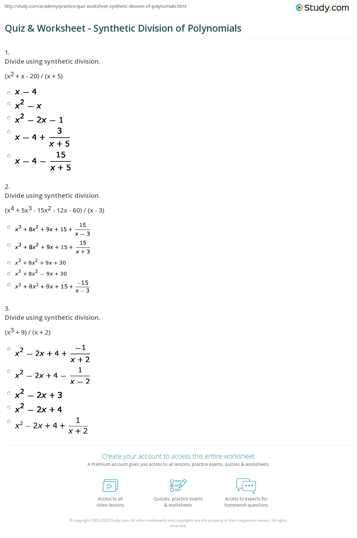 Polynomial Long Division Worksheet