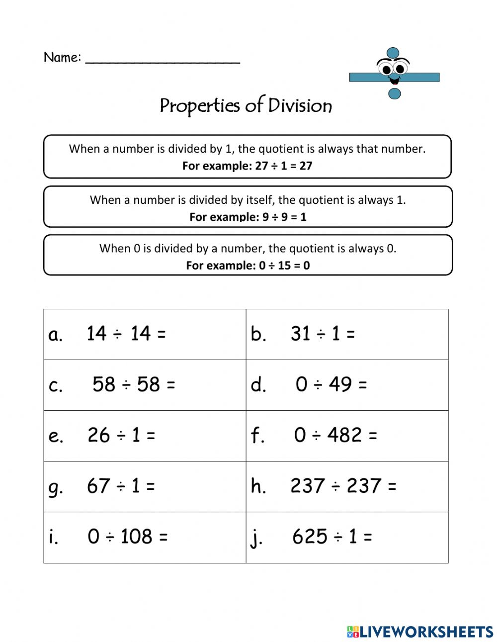 Properties Of Division Interactive Worksheet