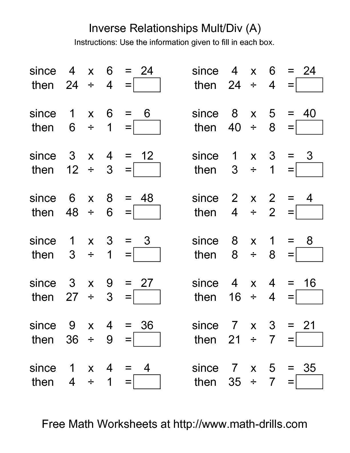 Relationship Between Multiplication And Division Worksheets Times