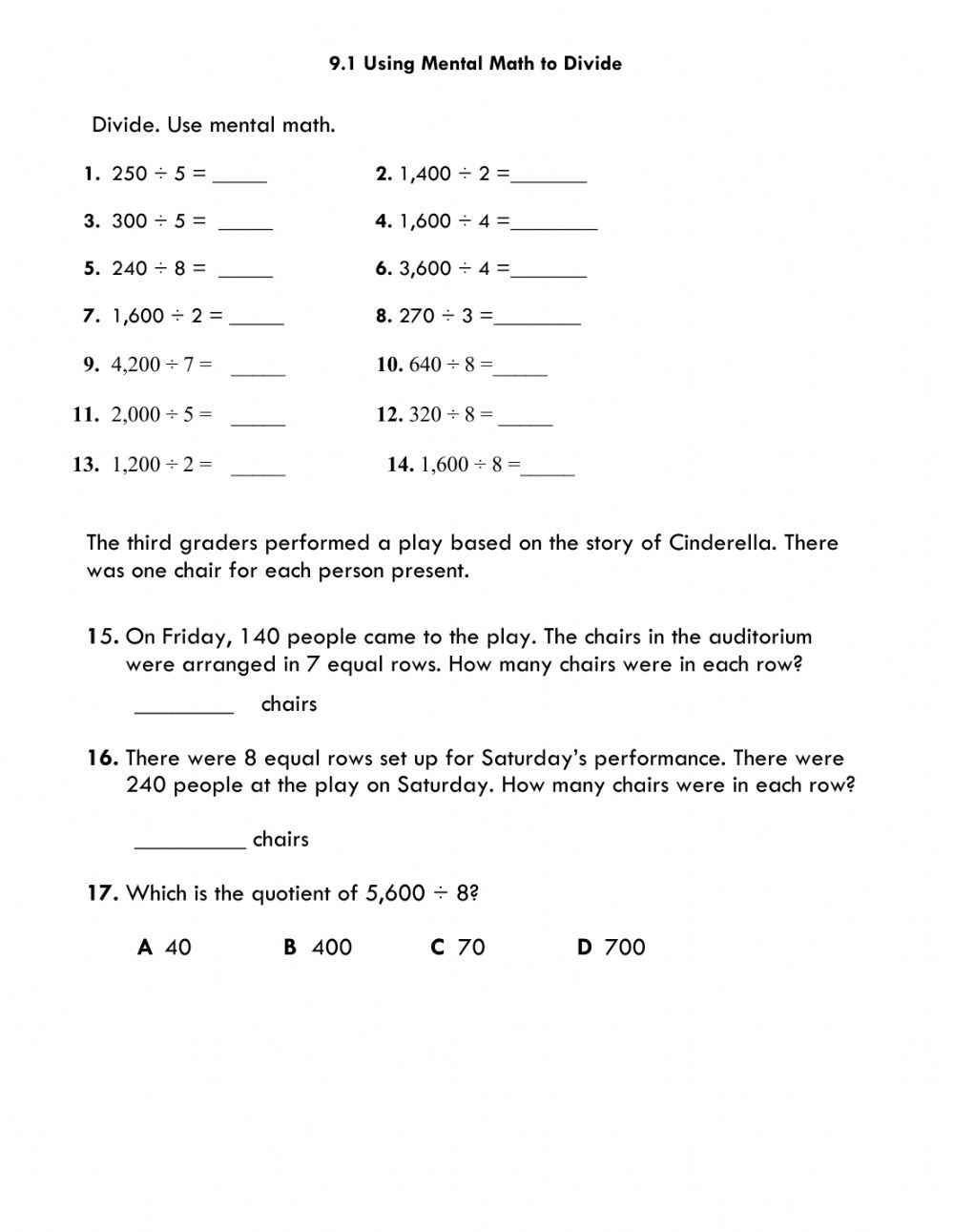 Using Mental Math To Divide Worksheet