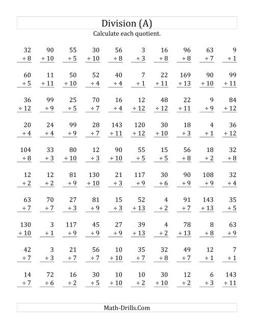 Vertically Arranged Division Facts To 169 A