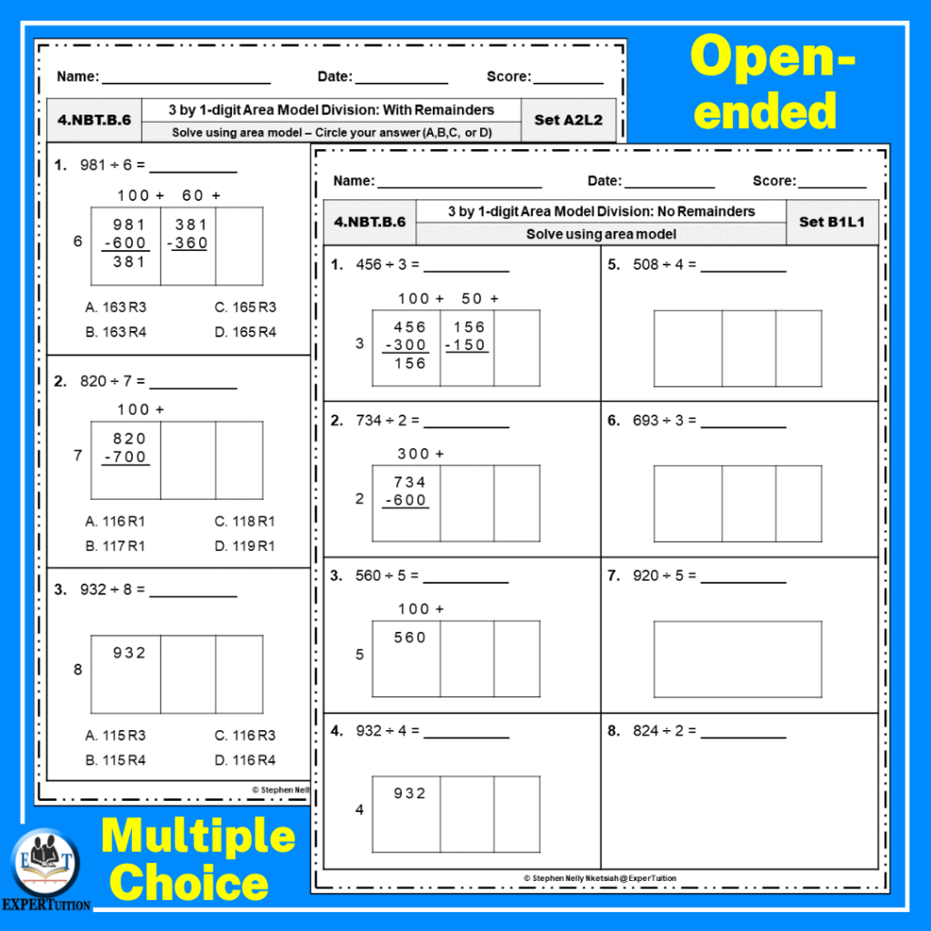 3 Digit By 1 Digit Area Model Division Grade 4 Worksheets ExperTuition