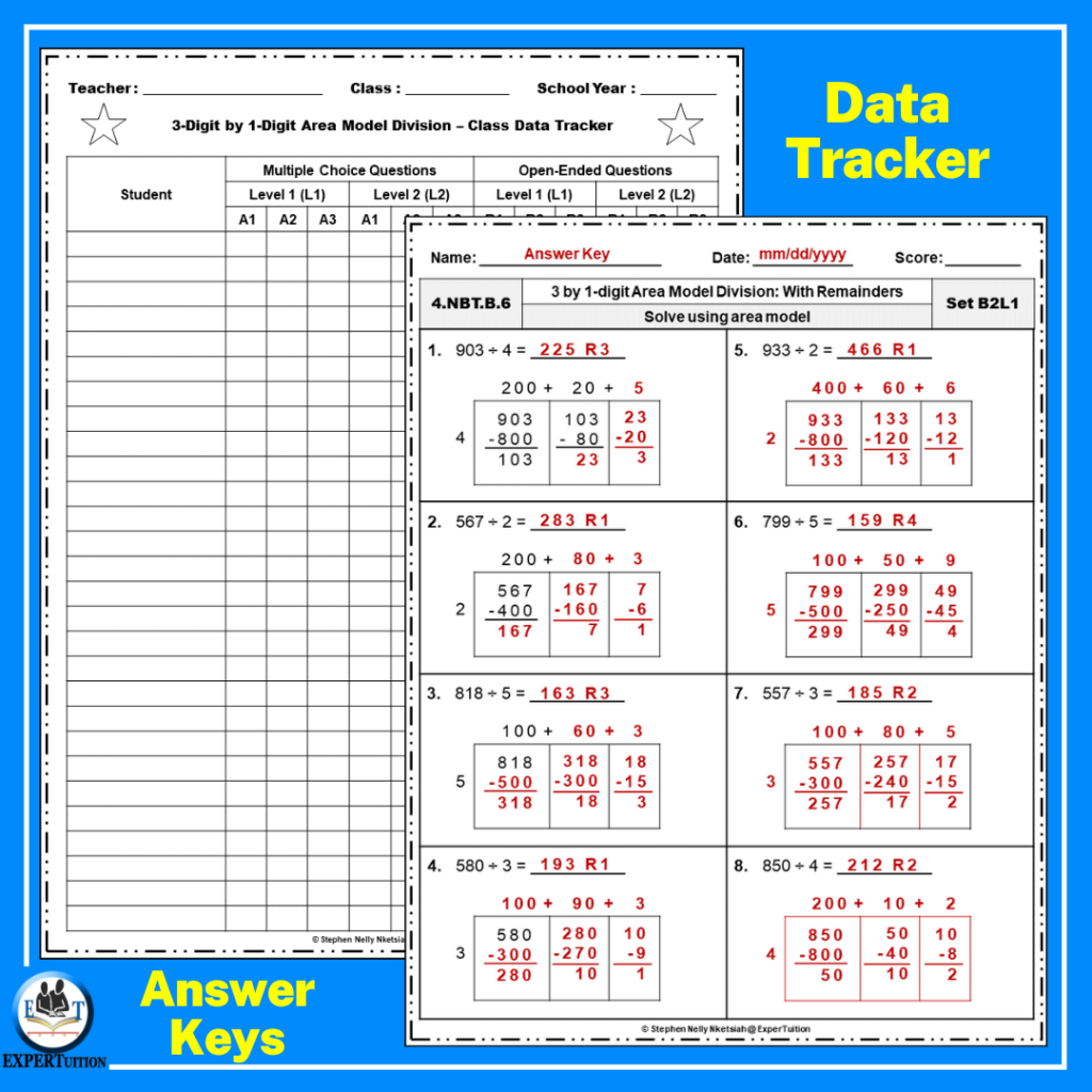 3 Digit By 1 Digit Area Model Division With And Without Remainders 