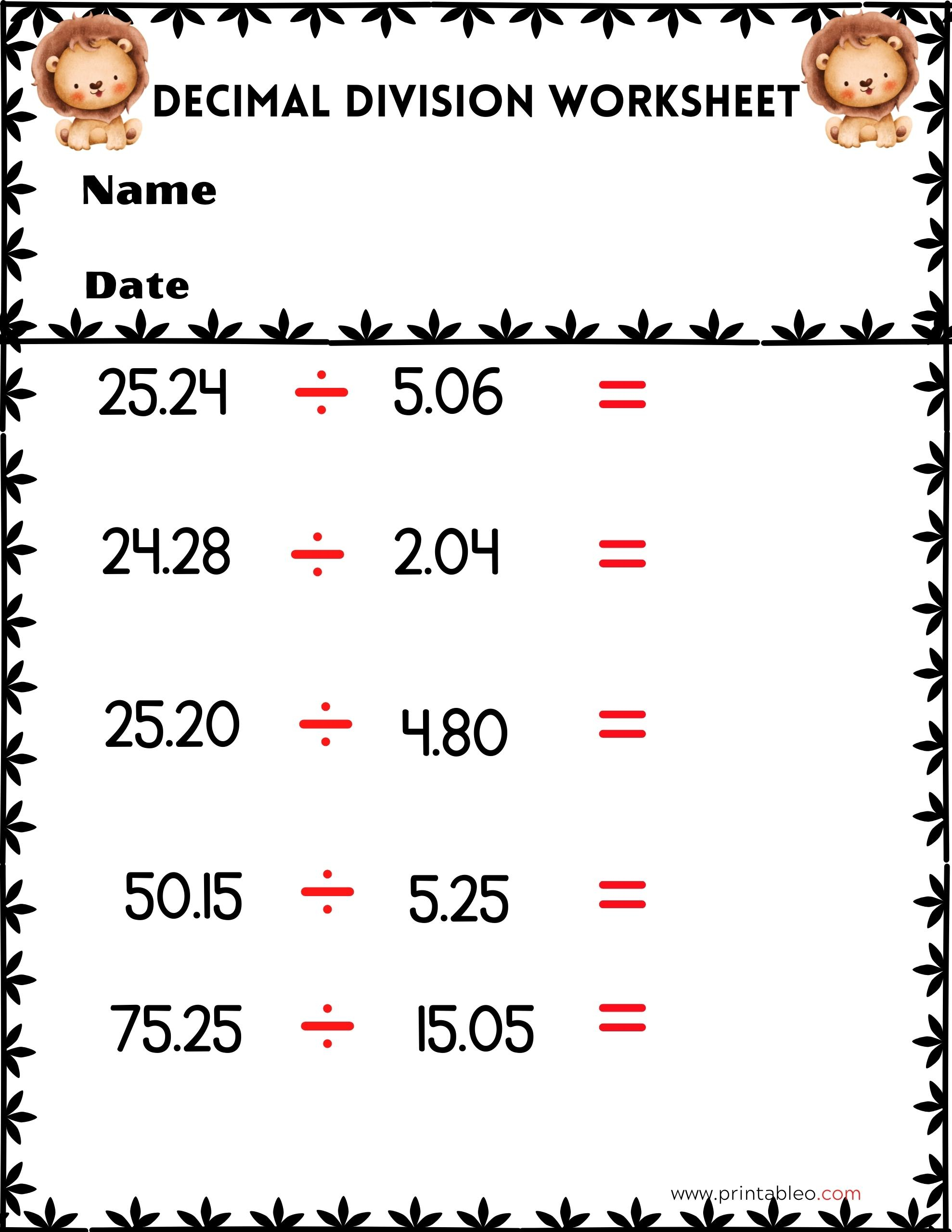 41 Decimal Division Number Worksheet With Lesson Plan