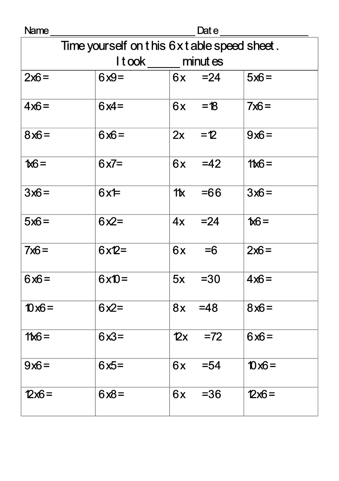 6 Times Table Worksheet