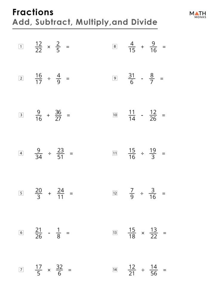 Adding Subtracting Multiplying And Dividing Fractions Worksheets Math 