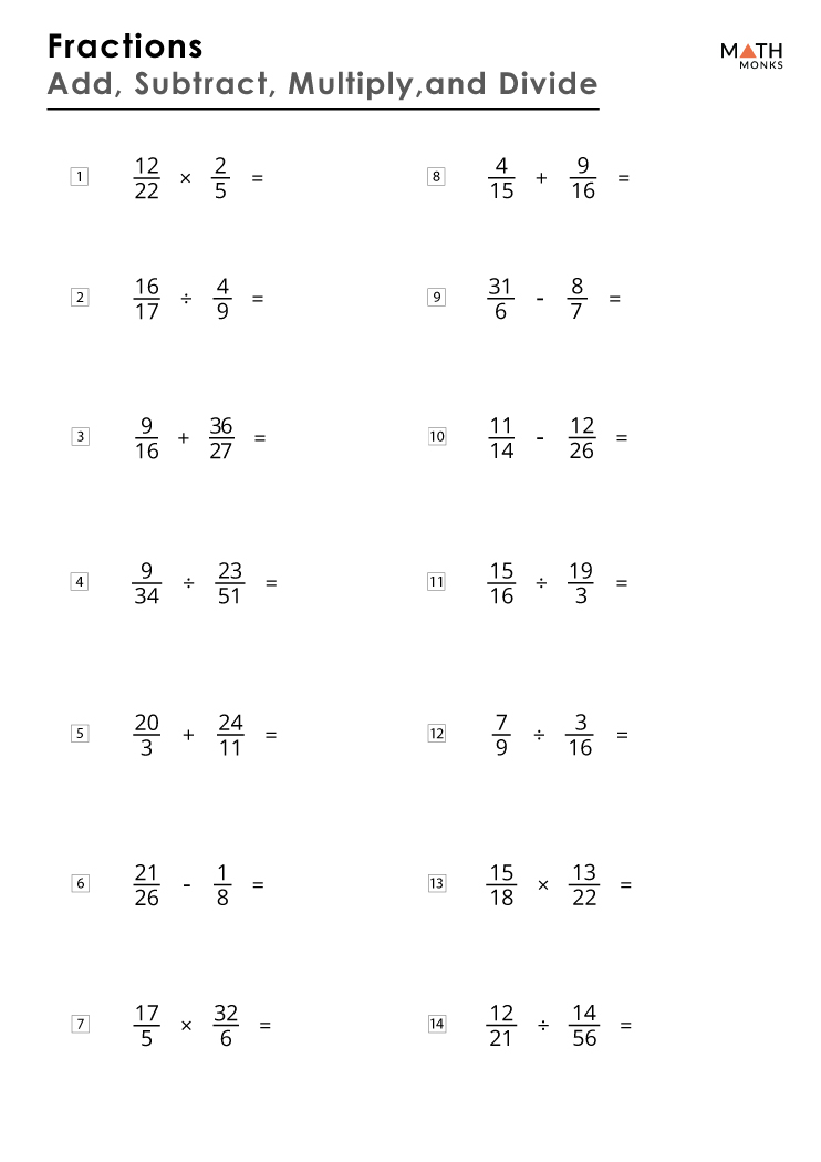 Adding Subtracting Multiplying And Dividing Fractions Worksheets Math 