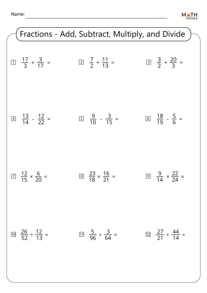 Adding Subtracting Multiplying And Dividing Fractions Worksheets Math 