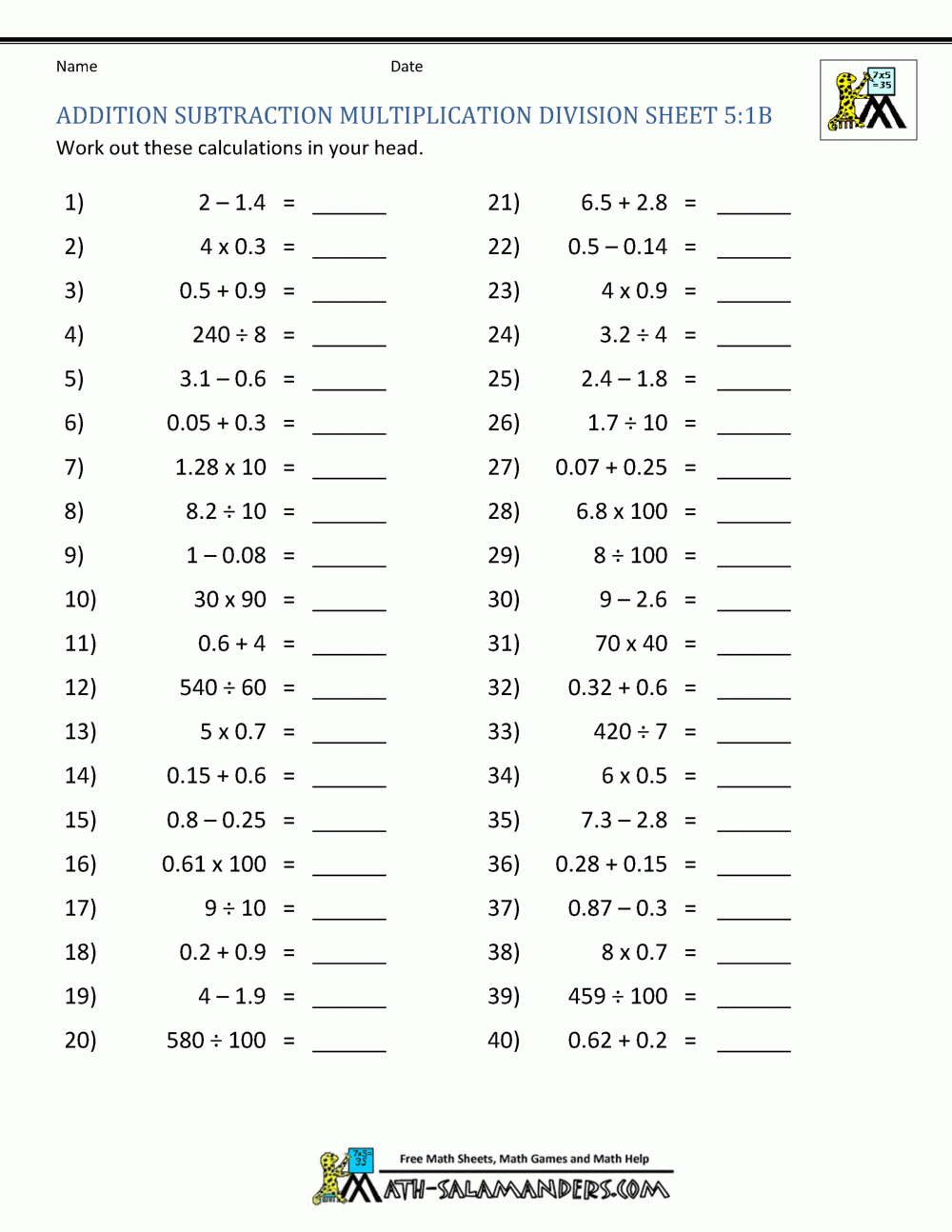 Addition Subtraction Multiplication Division Worksheets