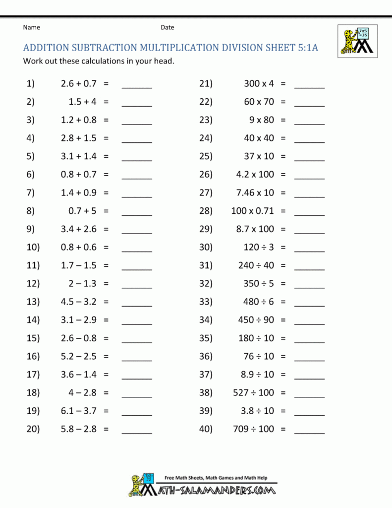 Addition Subtraction Multiplication Division Worksheets