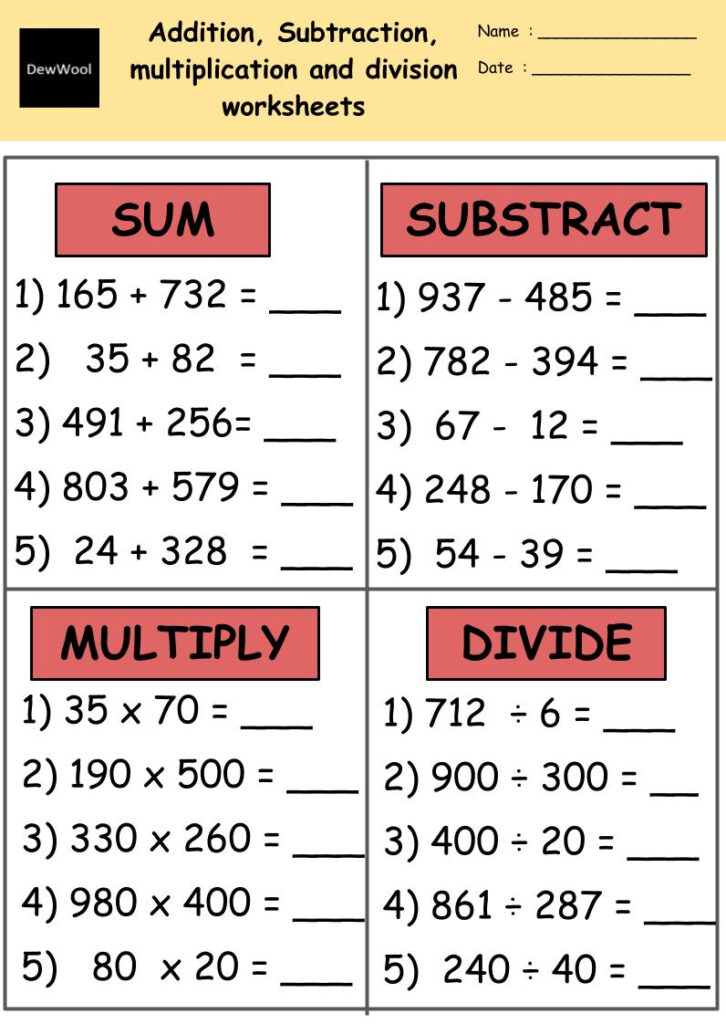 Addition Subtraction Multiplication Division Worksheets DewWool