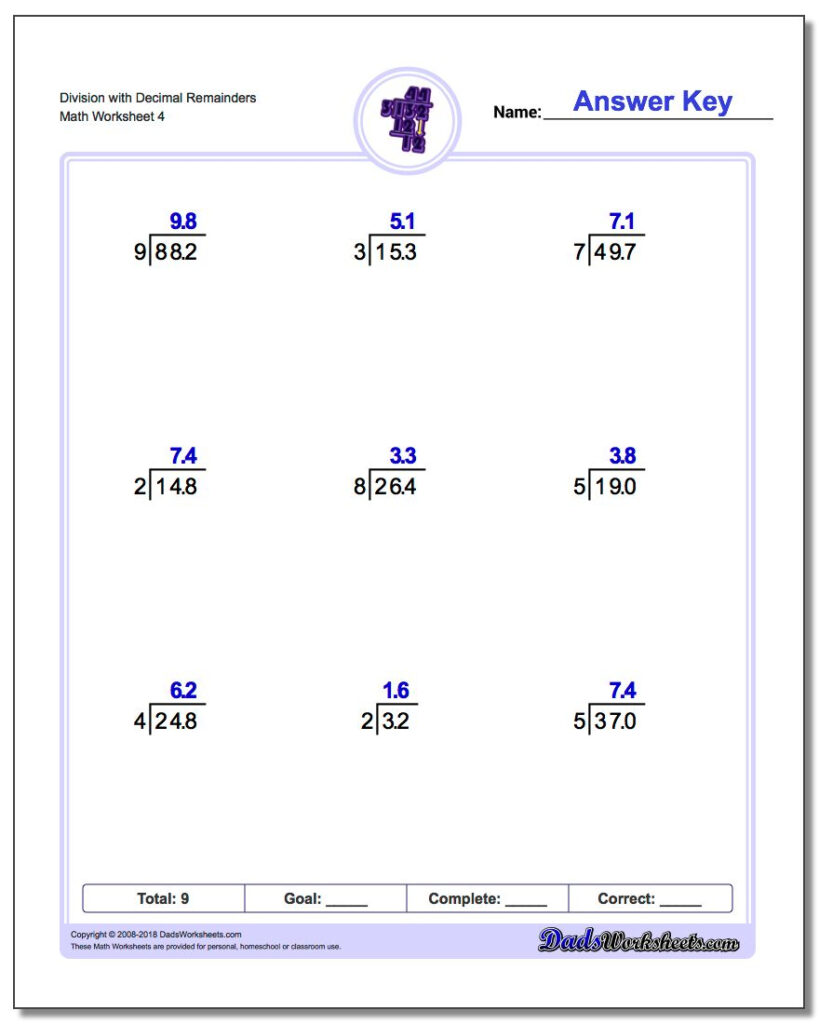 Decimal Division Worksheets With Answers