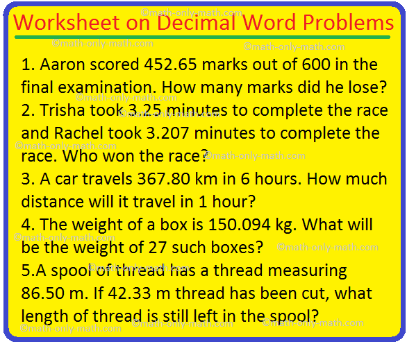 Decimal Word Problems Worksheet English Worksheet