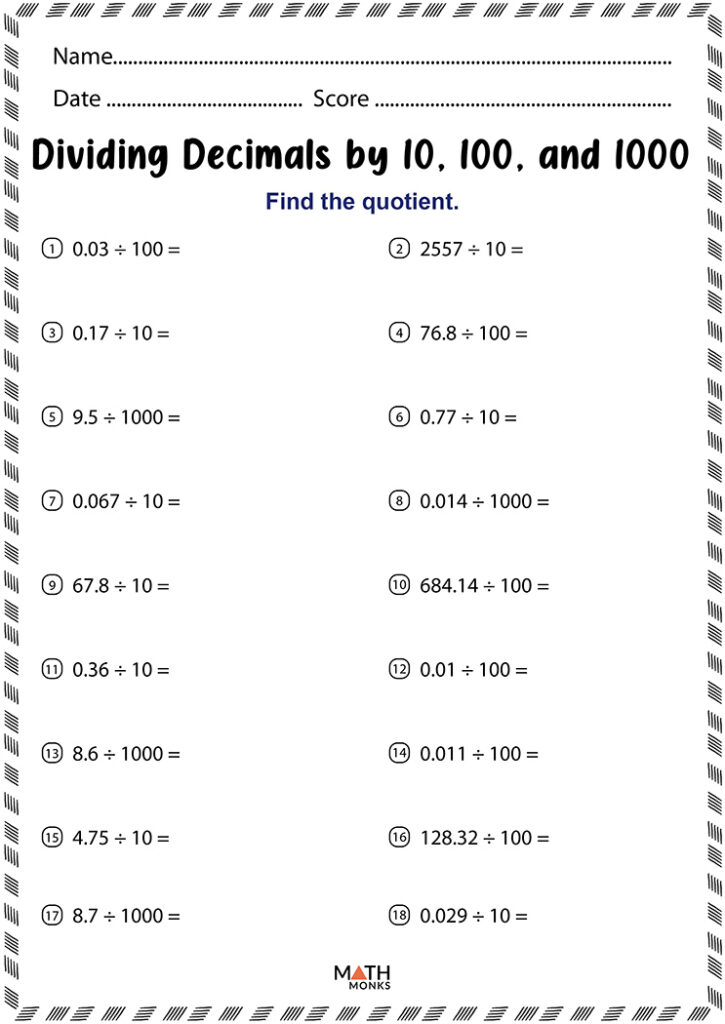 Dividing Decimals Worksheets Pdf