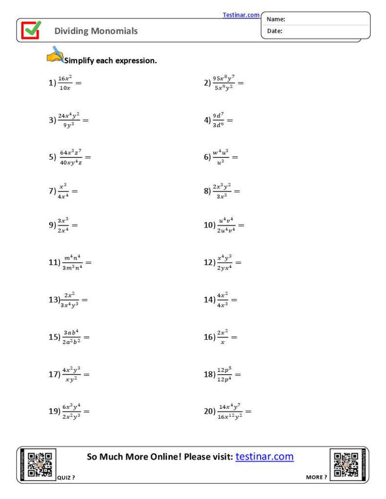 Dividing Monomials Worksheets Worksheets Library