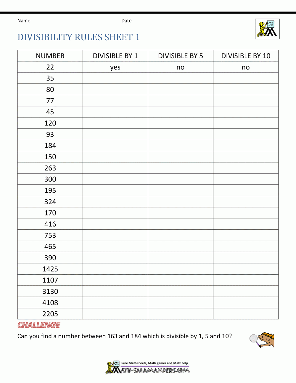 Divisibility Rules Worksheet Free Printable