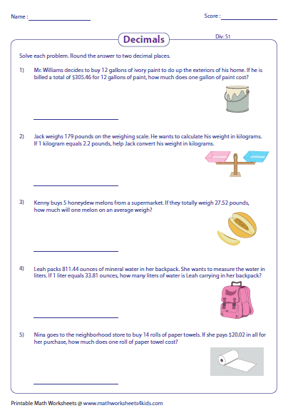 Division Of Decimals Word Problems Worksheets