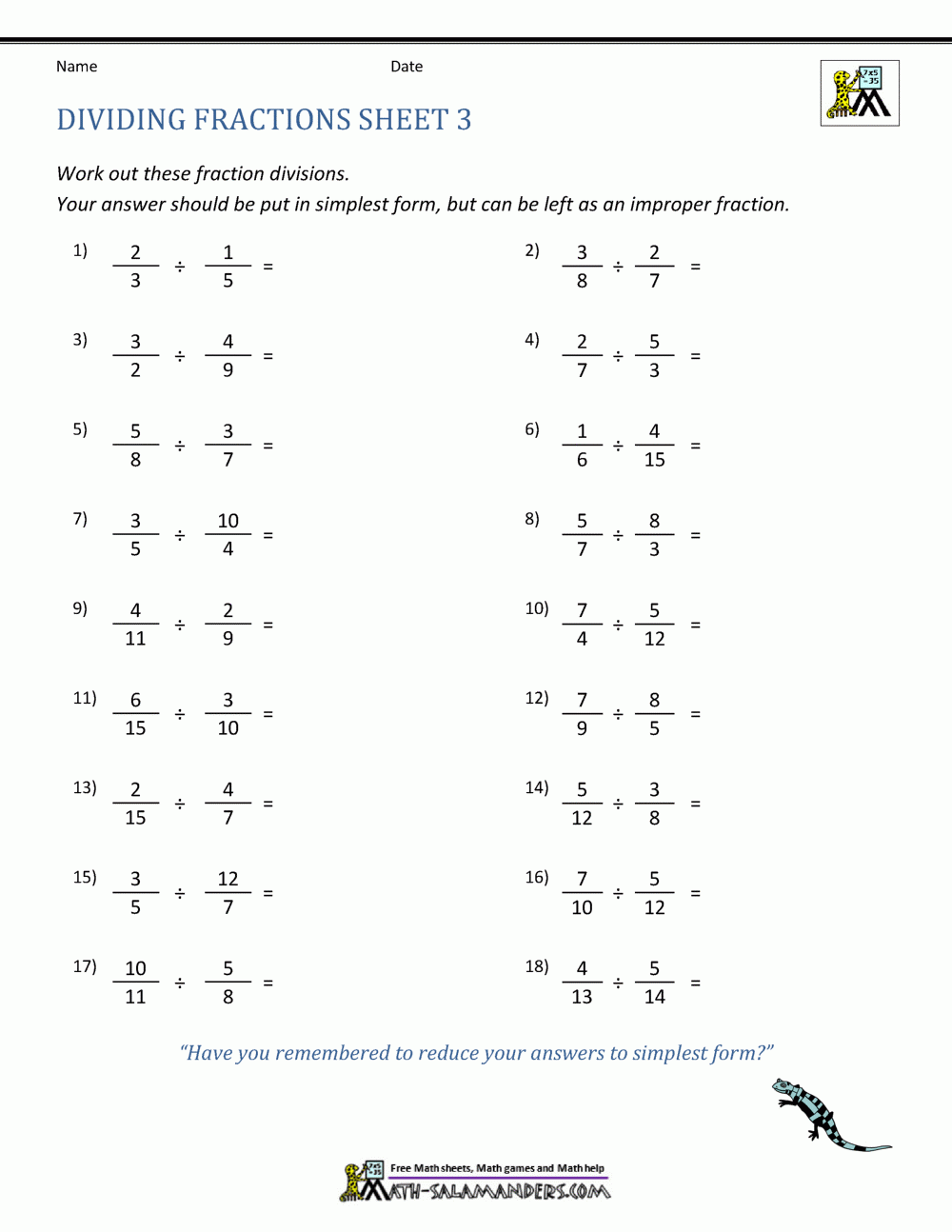 Division Of Fractions With Answers