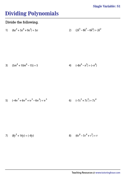 Long Division With Polynomials Worksheets