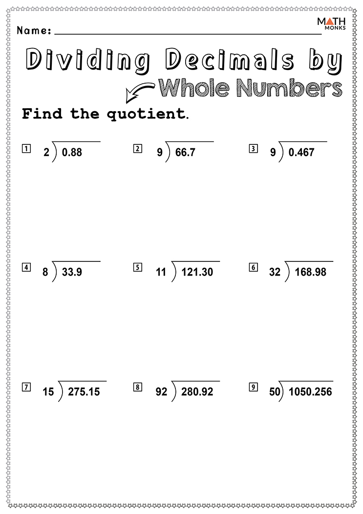 Printable Dividing Decimals Worksheets