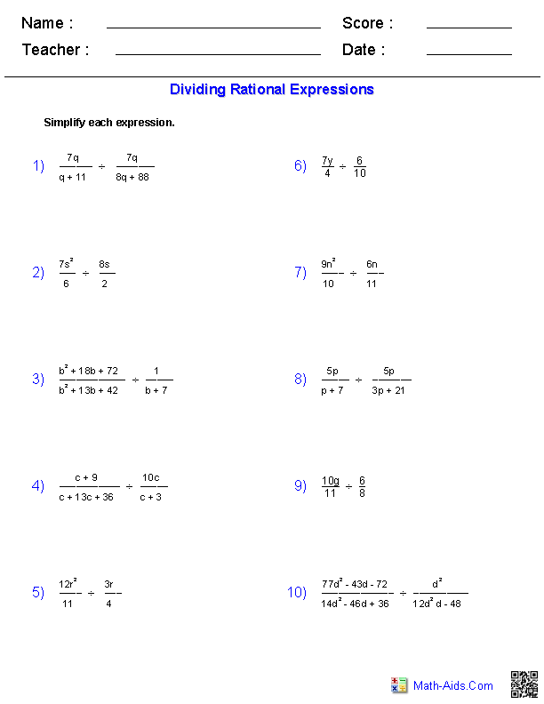 Rational Expressions Worksheets