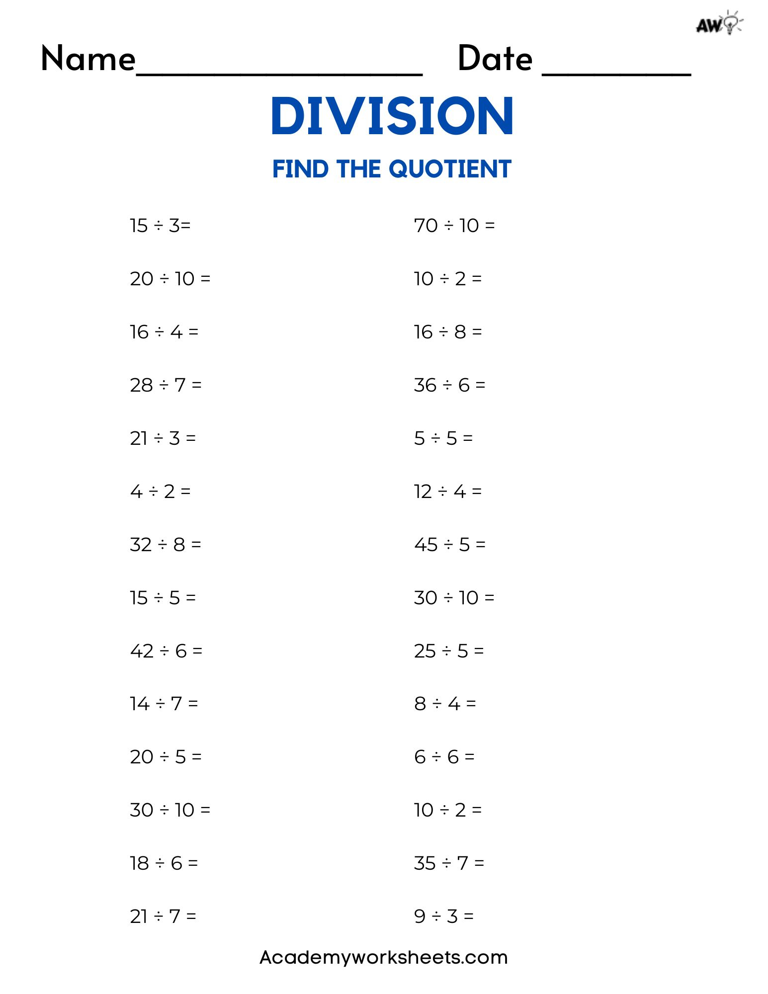 The Best Short Division Worksheets Facts 1 10 Academy Worksheets